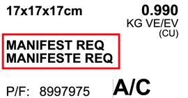 "MANIFEST REQ" designation highlighted on sample Canada Post label.