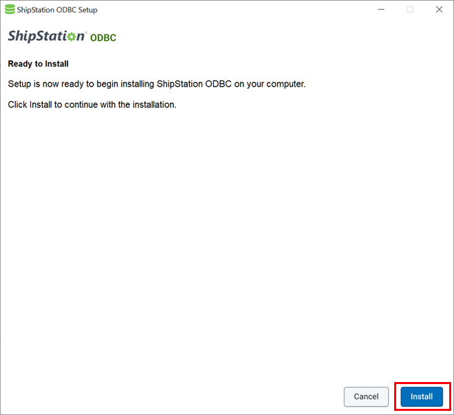 The ODBC installation wizard is open with the Install button highlighted.