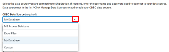 The select the ODBC data source drop-down is expanded and a data source is selected in the list.