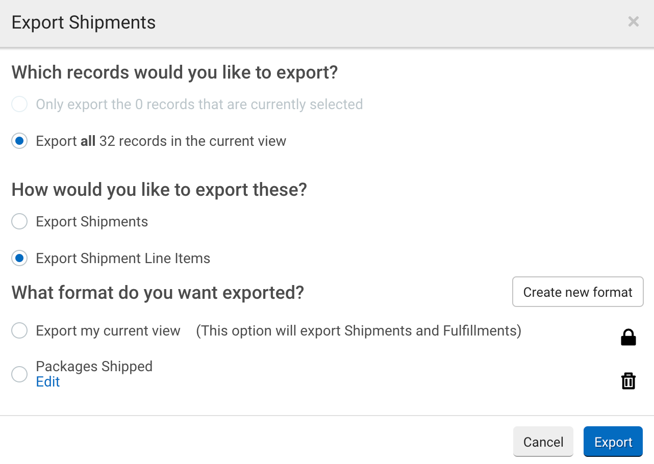 Fenêtre contextuelle d'exportation des expéditions avec des options d'exportation des lignes d'articles des expéditions pour tous les registres sélectionnés.