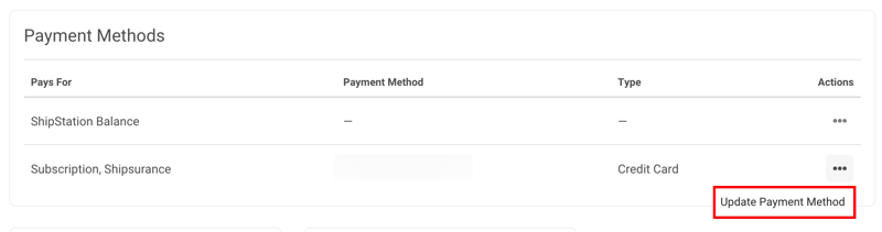 Actions menu for Payment Methods with Update Payment Method selected