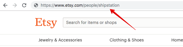 Image : Site Web Etsy avec une flèche pointant vers le nom d'utilisateur dans l'URL.
