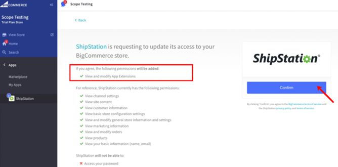BigCommerce's dashboard. Box shows check agree to share Shipstation, arrow points to Confirm button.