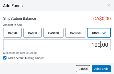 Add Funds popup. ShipStation Balance shown as 0 Canadian dollars.