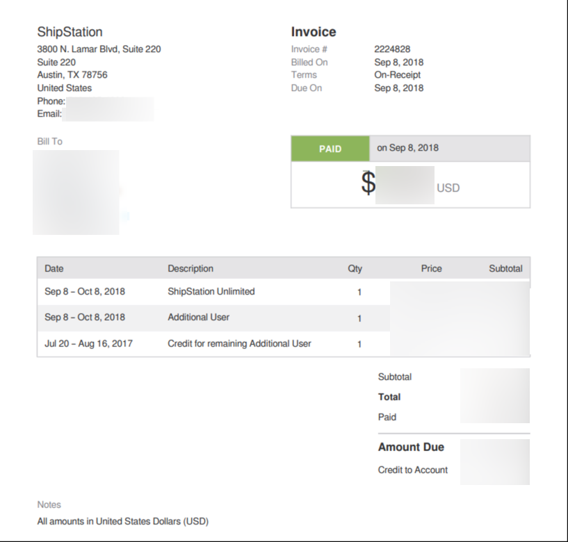 Sample Past Invoice. Lists account info, billing dates & amounts, service type, user count, & credits (if applicable).