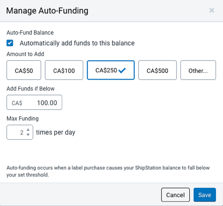 Fenêtre contextuelle Gérer le financement automatique avec l'ajout automatique de fonds activé