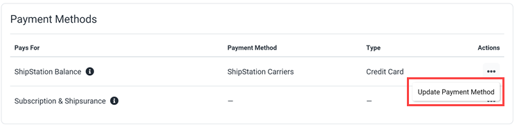 The update payment method option is shown for ShipStation balance.