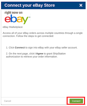 eBay connection screen with the Continue button highlighted.
