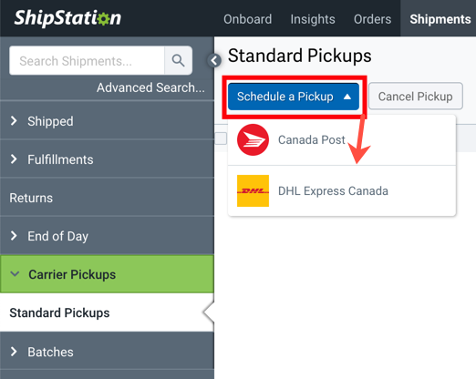 Red box highlights Schedule a Pickup button. Arrow points to options in Dropdown menu.
