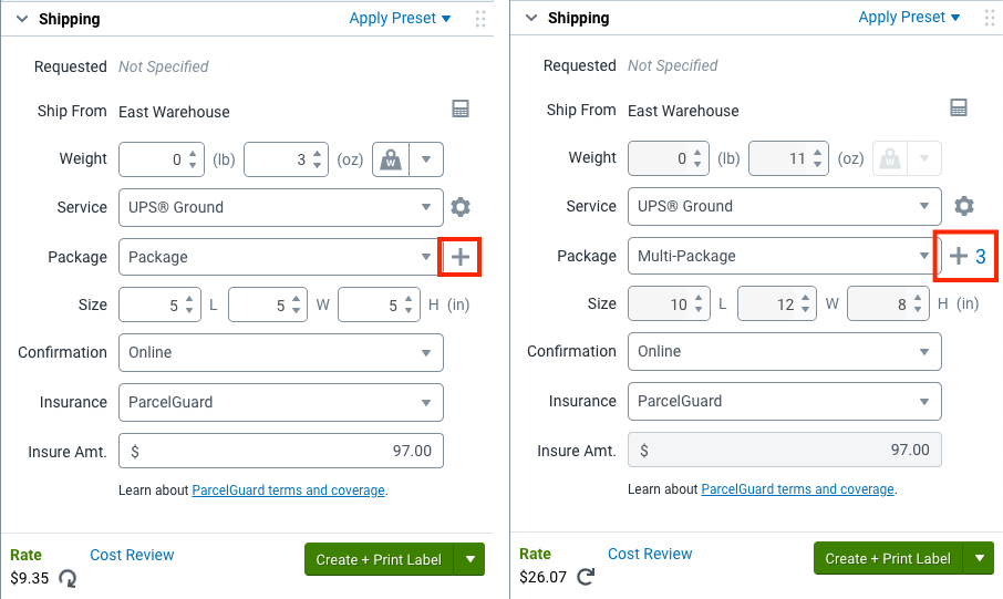 Shipping sidebar showing the mulit-package button both before and after adding package sets