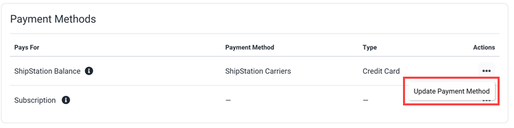 L'option de mise à jour du mode de paiement est affichée pour le solde ShipStation.