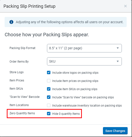 The zero quantity items option is selected on the packing slip printing setup screen.