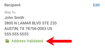 Informations sur l'acheteur/destinataire. La flèche rouge pointe vers l'icône Adresse commerciale validée (immeuble de bureaux vert) et Statut d'adresse vérifiée