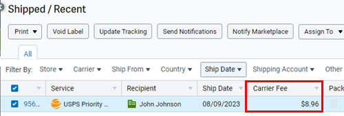 The carrier fee column is highlighted in the shipments grid.