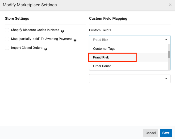 Modify marketplace settings with Fraud Risk selected from the Custom Field 1 dropdown menu