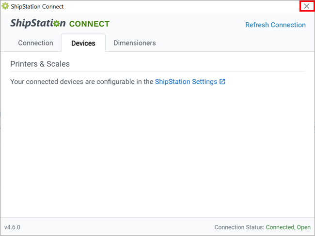 ShipStation Connect est ouvert avec le X pour fermer l'application mis en surbrillance.