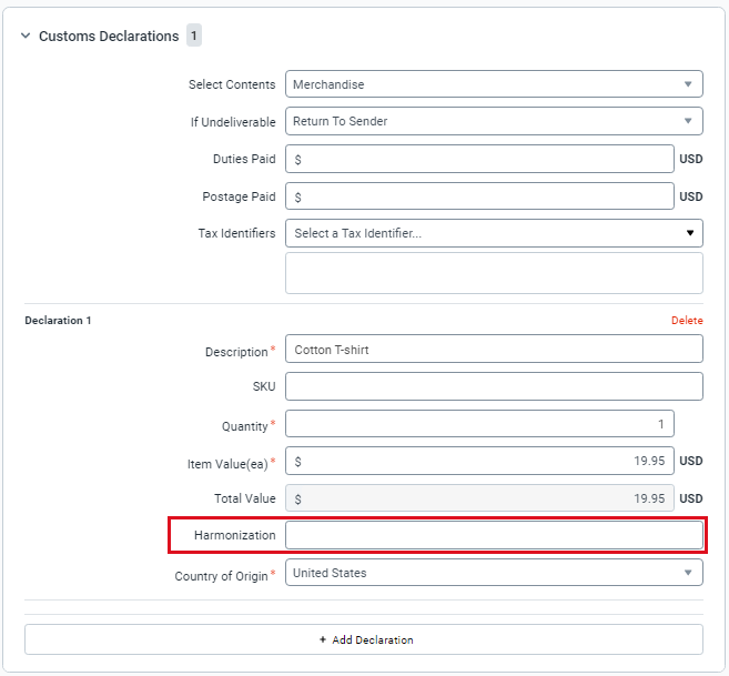 Order Details screen with the Harmonization field highlighted in the Shipping Sidebar Customs Declaration section