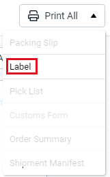 Le bouton Imprimer tout est développé et l'option Imprimer > Étiquette est mise en surbrillance.