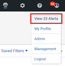 Red box highlights the View Alerts option + count from the drop-down menu from the Profile icon
