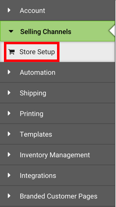 Sélections de la page des paramètres, avec l'option de configuration de la boutique des canaux de vente encadré.