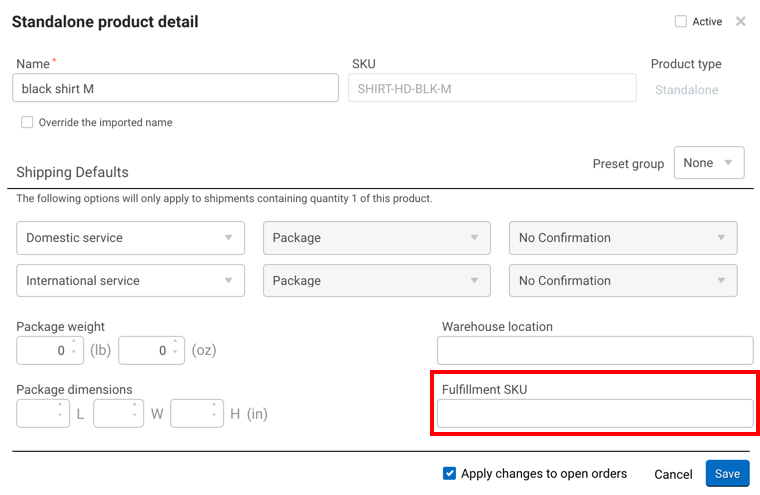 Standalone product details window with the Fulfillment SKU field highlighted