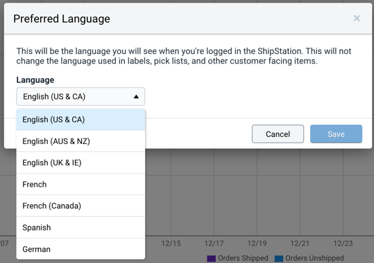 Language drop-down menu displaying available language options