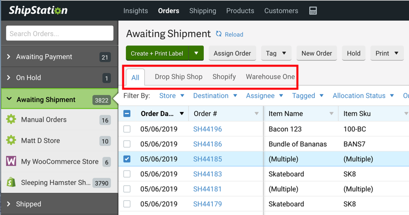 Orders tab. Box highlights example of Saved Views: Drop Ship Shop, Shopify, & Warehouse 1