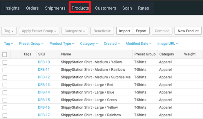 Products grid with Products tab highlighted.
