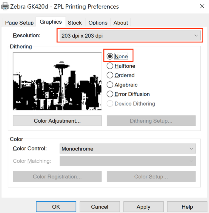 Windows Printing Preferences settings open to Graphics tab, with Resolution set to 203x203 dpi and Dithering set to None.