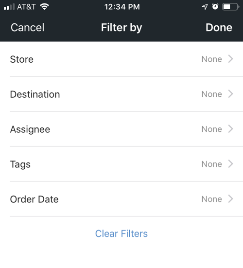 Mobile Filters screen