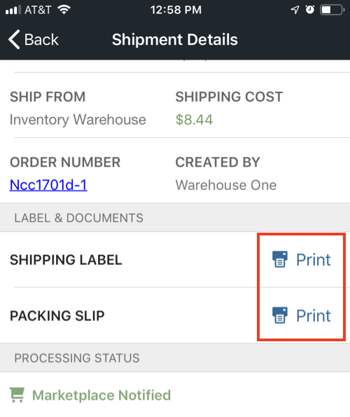 Mobile shipment details screen with label and packing slip print option highlighted