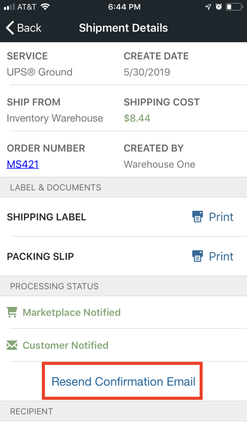 Mobile Shipment Details Resend confirmation option