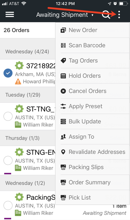 Mobile order actions menu