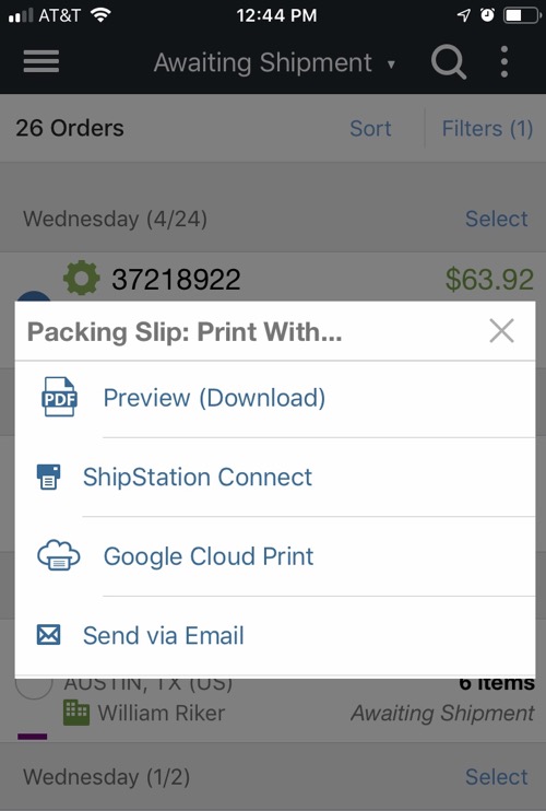 Mobile Packing slip print options screen
