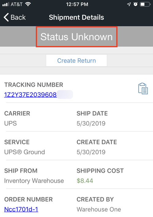 Mobile shipment details with status marked