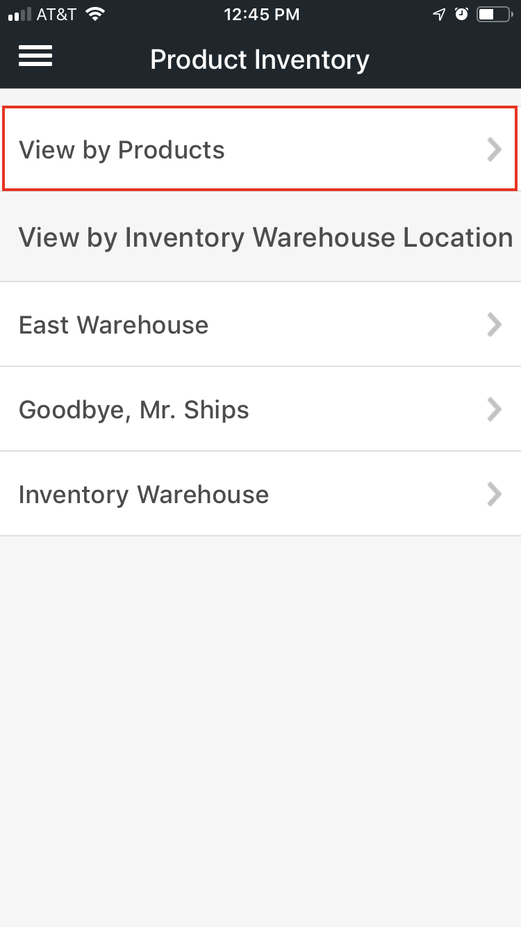 Mobile product inventory menu with View by Products option highlighted.