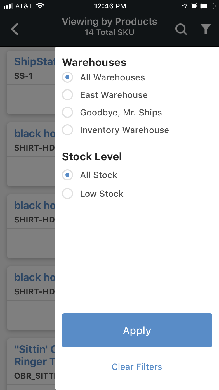Mobile Inventory view by product filter menu.