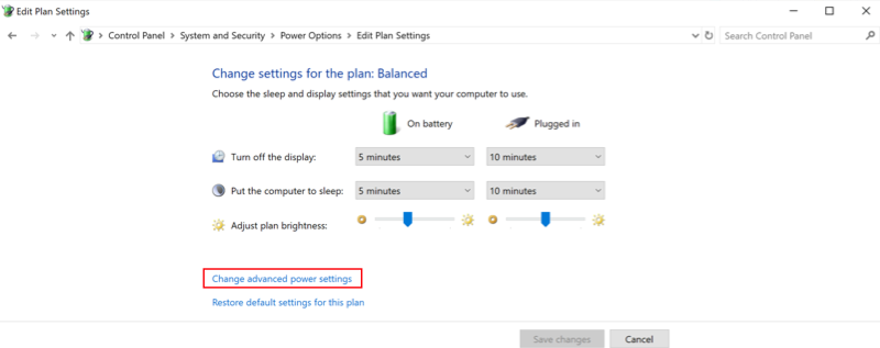 Windows Power Plan settings with Change advanced power settings option highlighted.