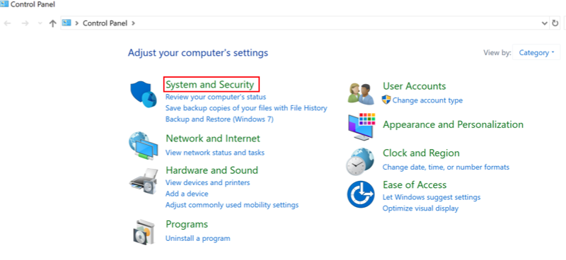 Panneau de configuration de Windows avec l'option Système et sécurité en surbrillance.