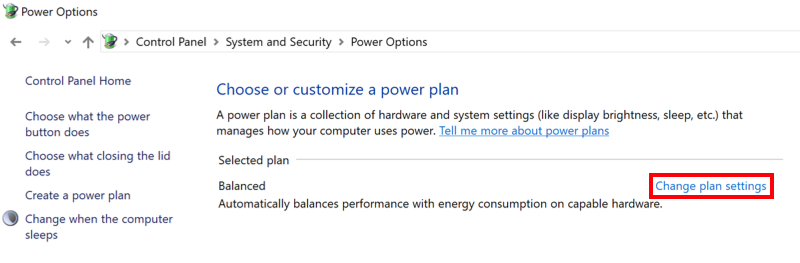 Windows Power Option menu with Change Plan Settings highlighted.