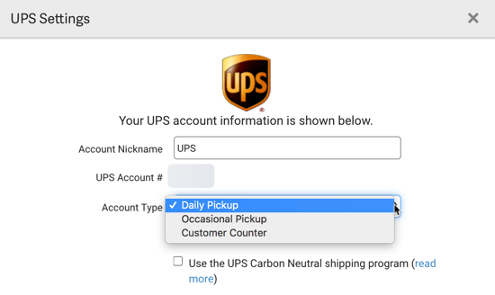 UPS Settings popup. Account Type drop down with Daily Pickup option selected.