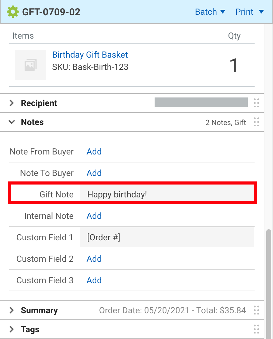 Order sidebar. Red box highlights the gift note field with "Happy birthday!" as text entry.