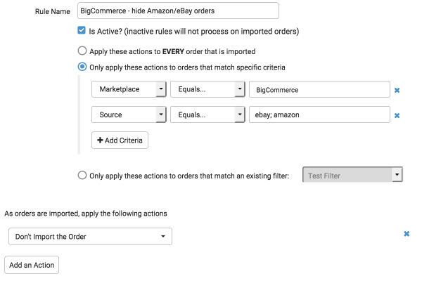BigCommerce Automation rule hide ebay/Amazon orders example.