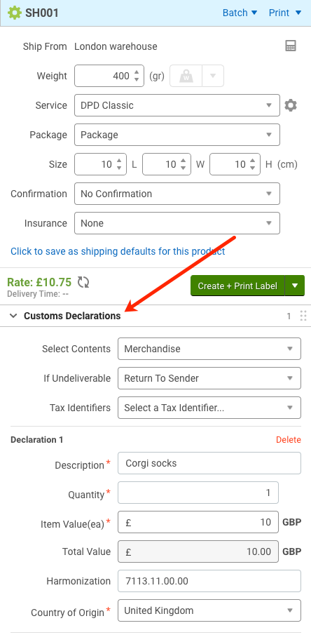 V3 shipping sidebar. Red arrow points to the customs declarations section.