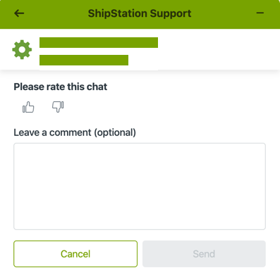 Rate Chat options: thumbs up or down. Optional comment field. Buttons: Send, Skip