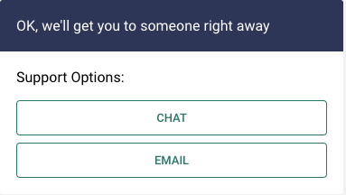 Contact Support pop-up that provides a chat and email option