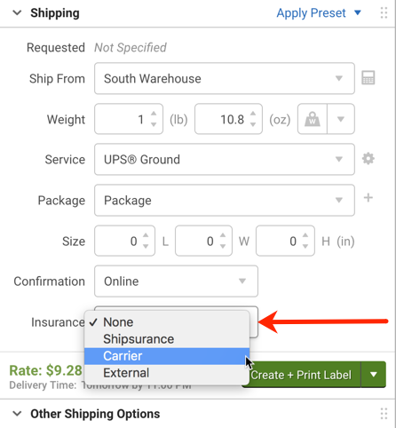 V3 configure shipment widget, arrow points to Insurance drop-down with options revealed