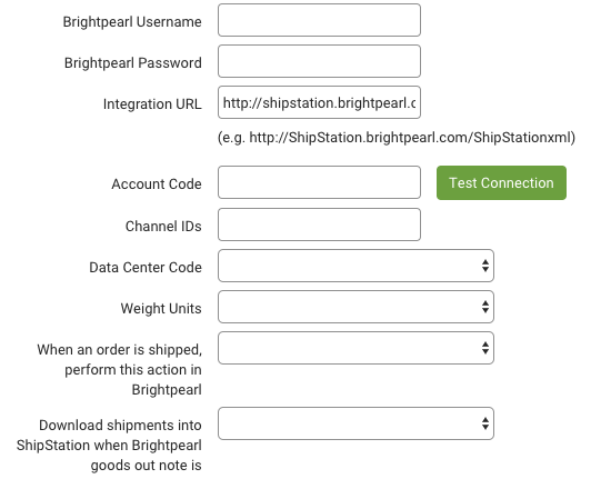 Champs du formulaire de connexion BrightPearl dans les paramètres de ShipStation