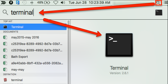 Icône de recherche MAC en surbrillance, le terme terminal saisi dans la barre de recherche.