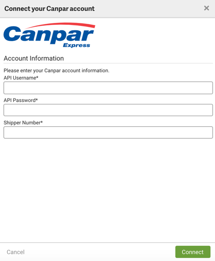 Connect Canpar Express window open in ShipStation store settings.